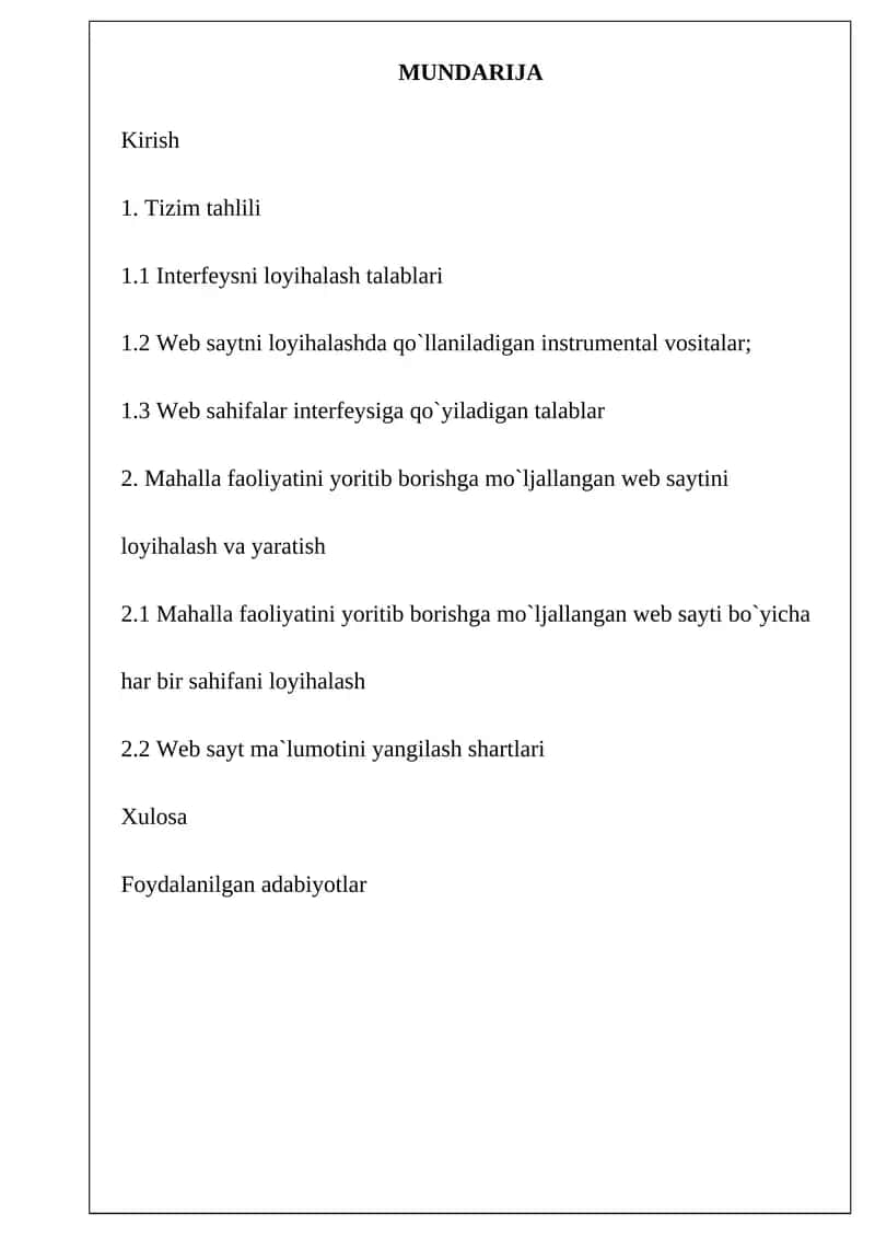 Mahallabay faoliyatini yoritib borishga mo`ljallangan web saytini loyihalash 1