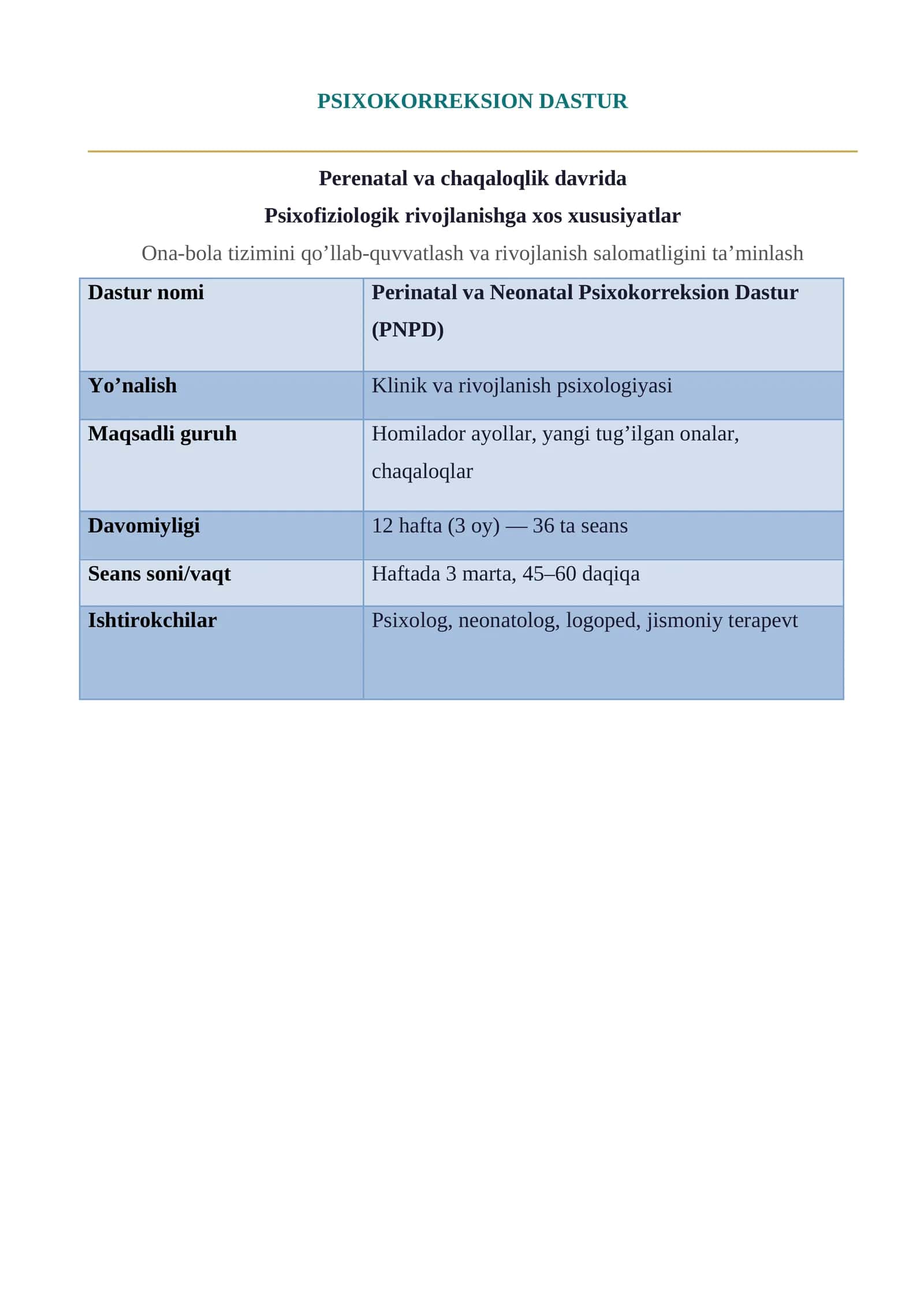 Perinatal va Neonatal Psixokorreksion Dastur (PNPD) 1