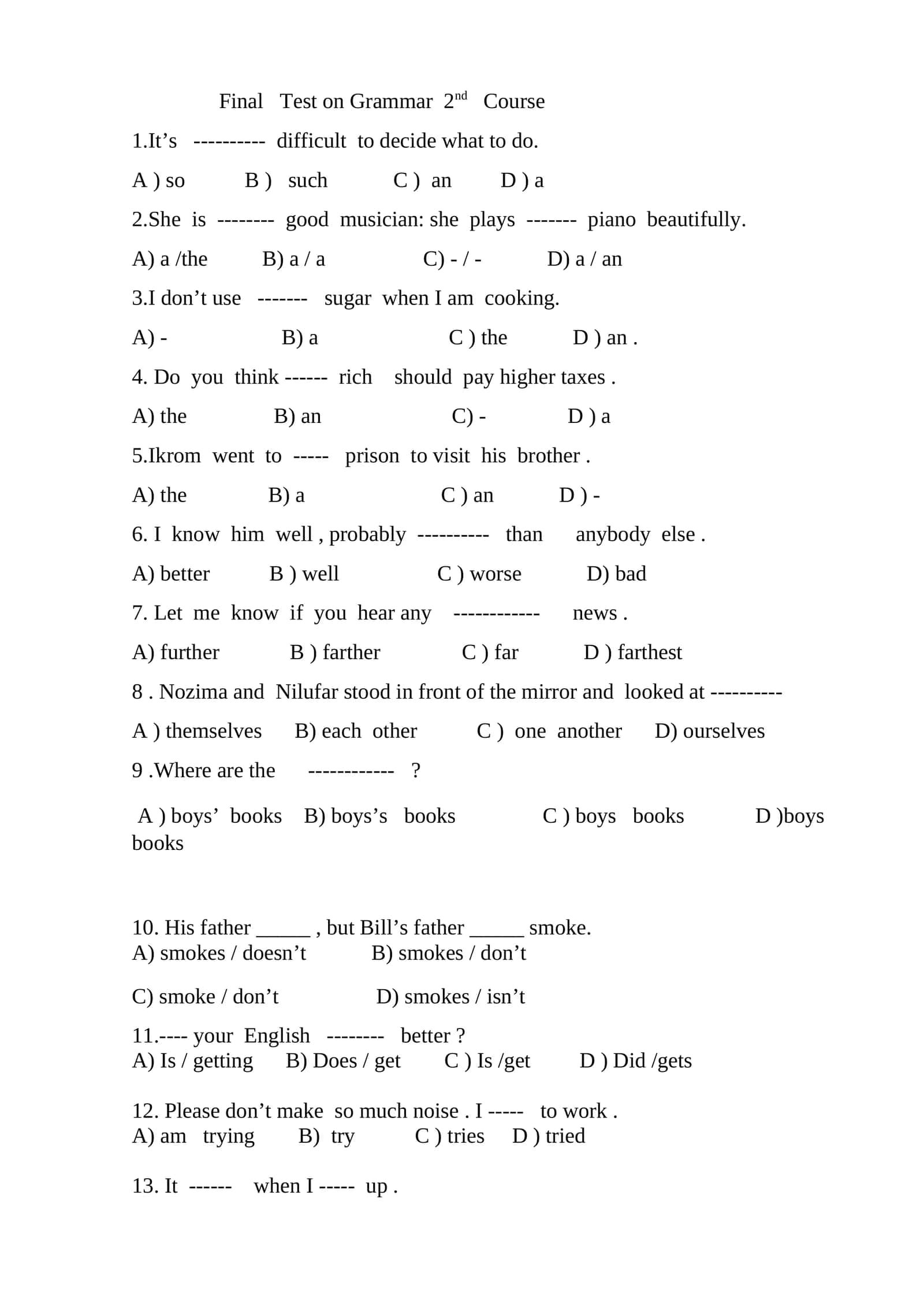 Final Test on Grammar 2nd Course 1