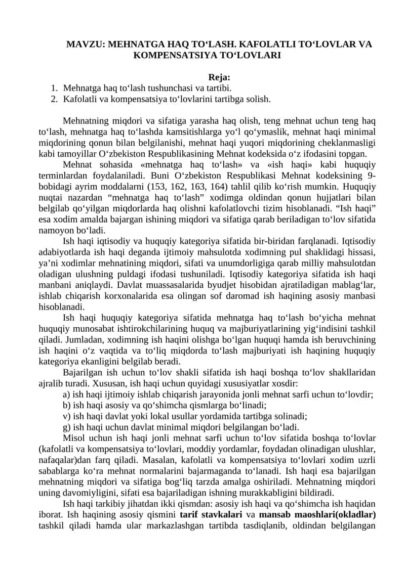 MEHNATGA HAQ TO‘LASH. KAFOLATLI TO‘LOVLAR VA KOMPENSATSIYA TO‘LOVLARI 1