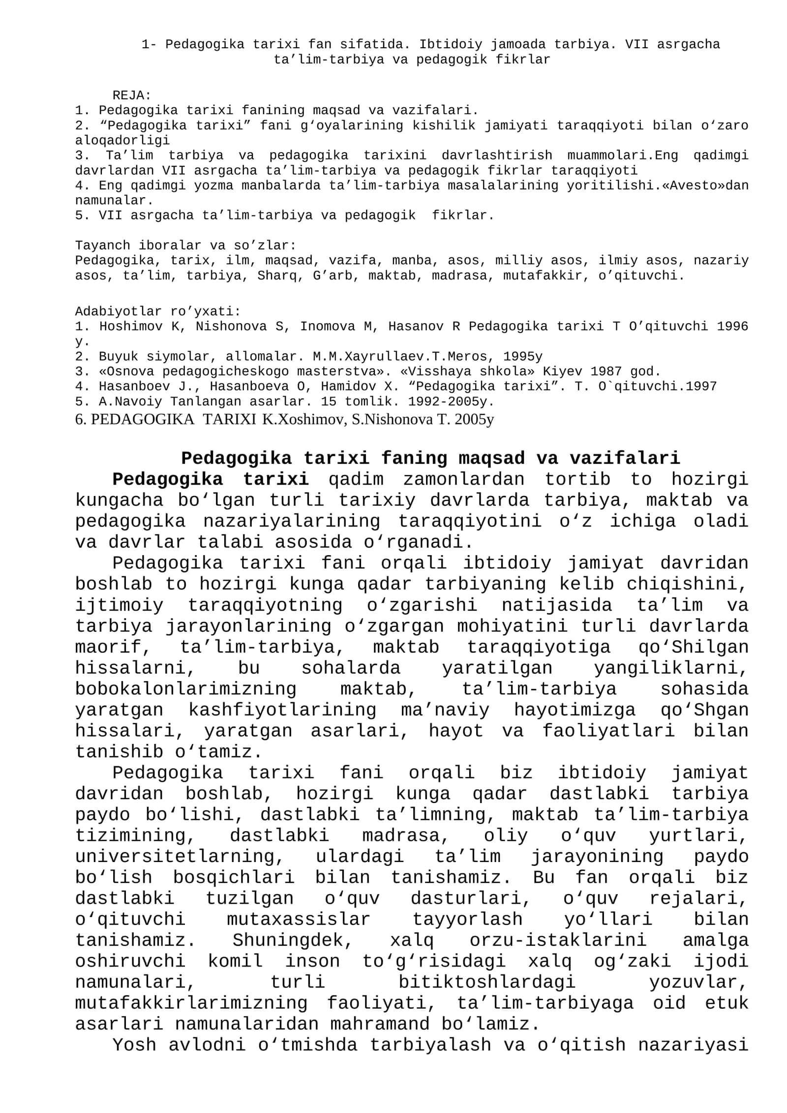 Pedagogika tarixi fan sifatida. Ibtidoiy jamoada tarbiya. VII asrgacha ta’lim-tarbiya va pedagogik fikrlar 1