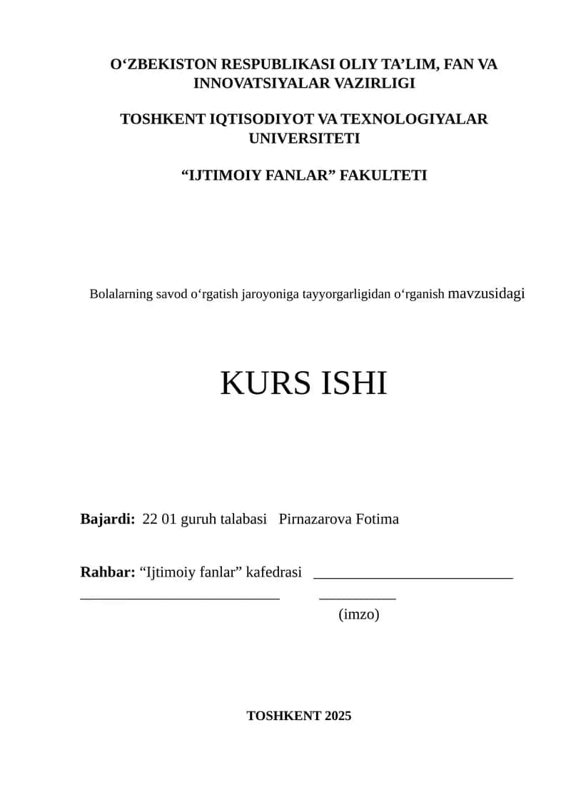 Bolalarning savod oʻrgatish jaroyoniga tayyorgarligidan oʻrganish 1