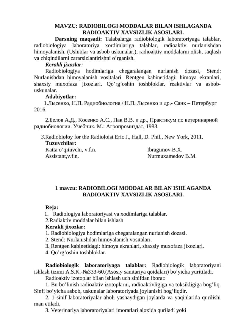 RADIOBILOGI MODDALAR BILAN ISHLAGANDA RADIOAKTIV XAVSIZLIK ASOSLARI 1