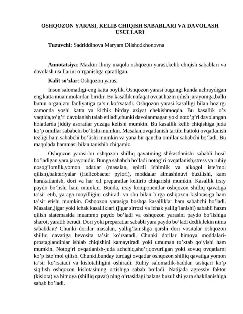 OSHQOZON YARASI, KELIB CHIQISH SABABLARI VA DAVOLASH USULLARI 1