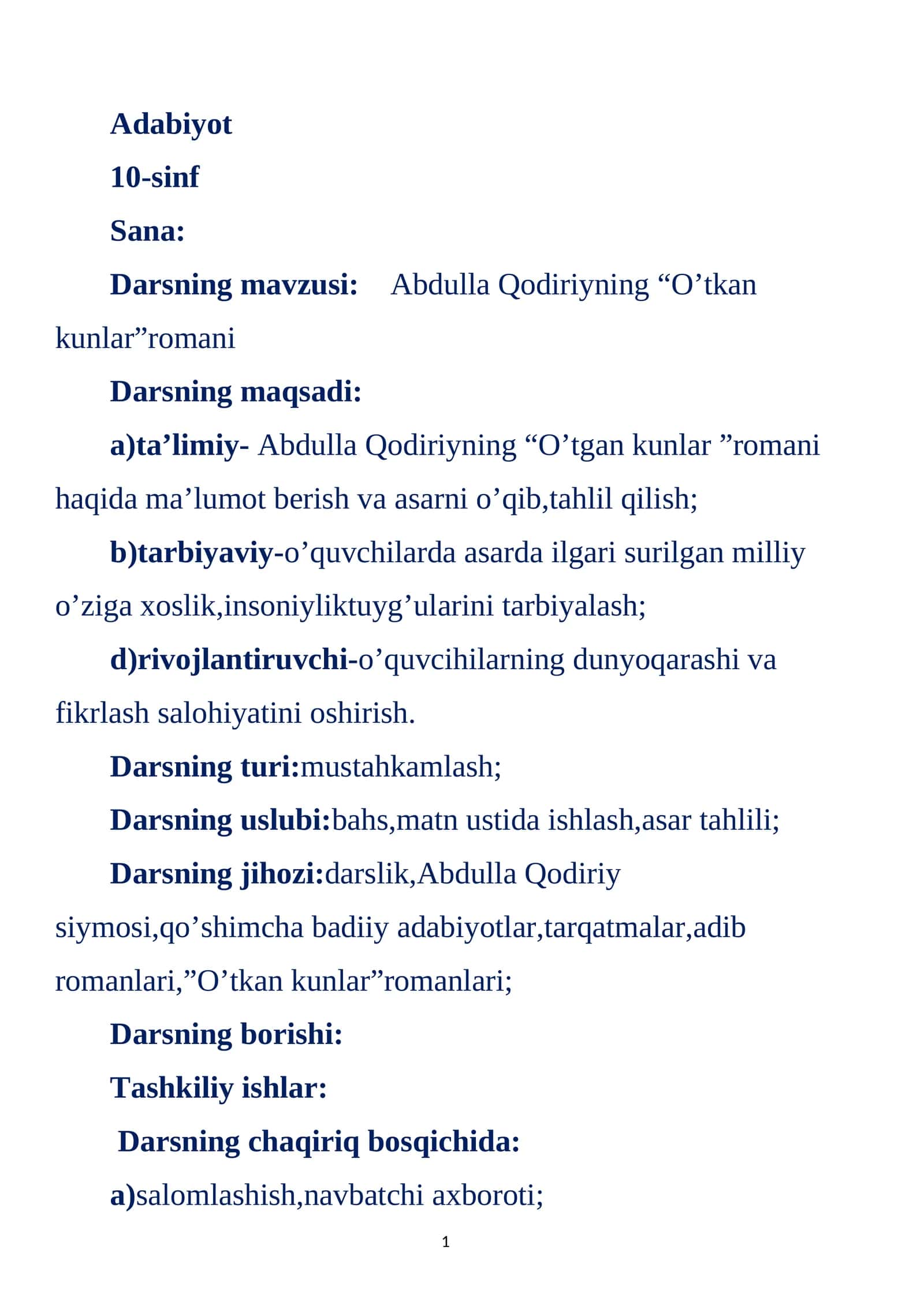 Abdulla Qodiriyning “O’tkan kunlar”romani 1