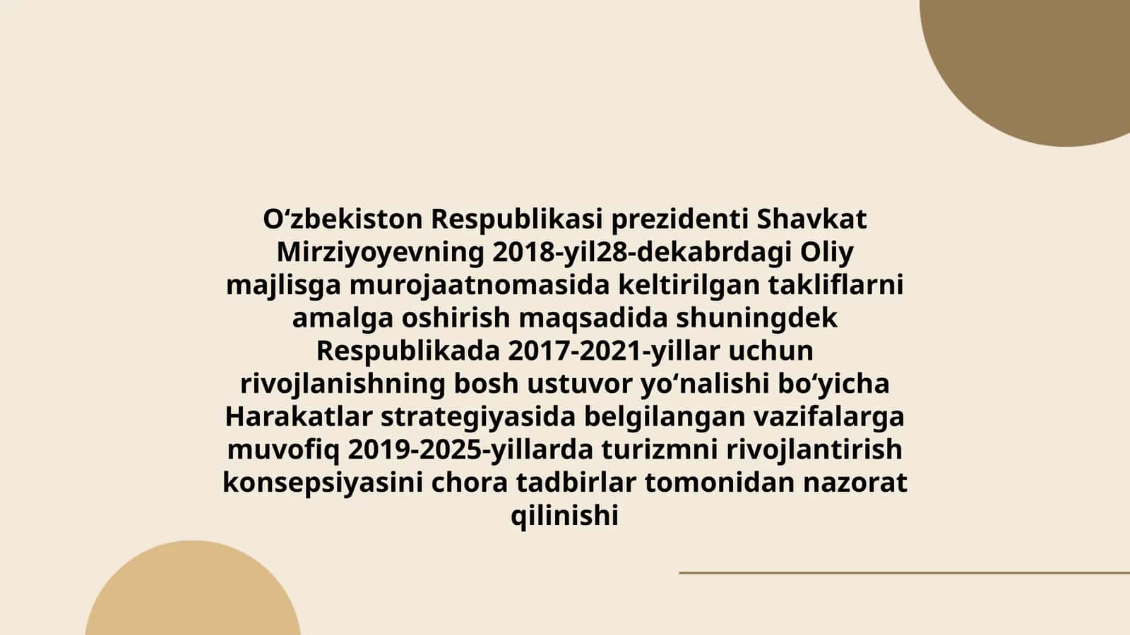 2019–2025-yillar uchun turizmni rivojlantirish konsepsiyasi chora-tadbirlari ijrosini milliy monitoring tizimi tashkil etish 1
