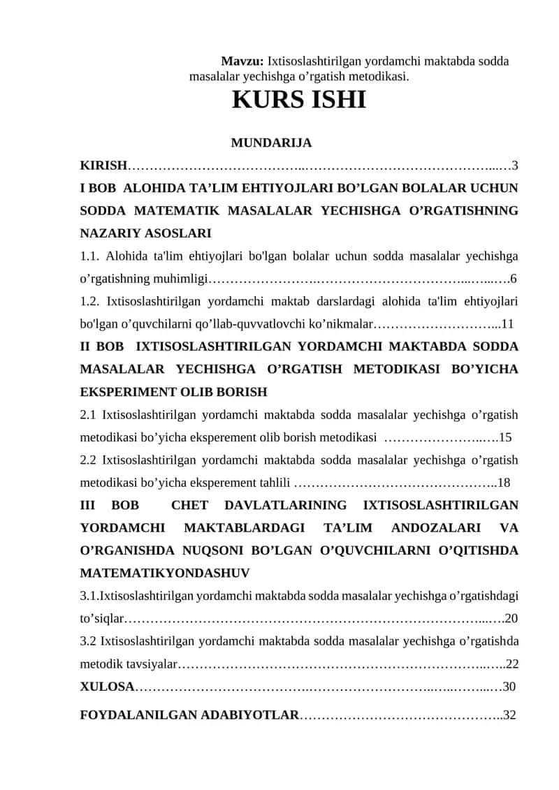 Ixtisoslashtirilgan yordamchi maktabda sodda masalalar yechishga o’rgatish metodikasi 1