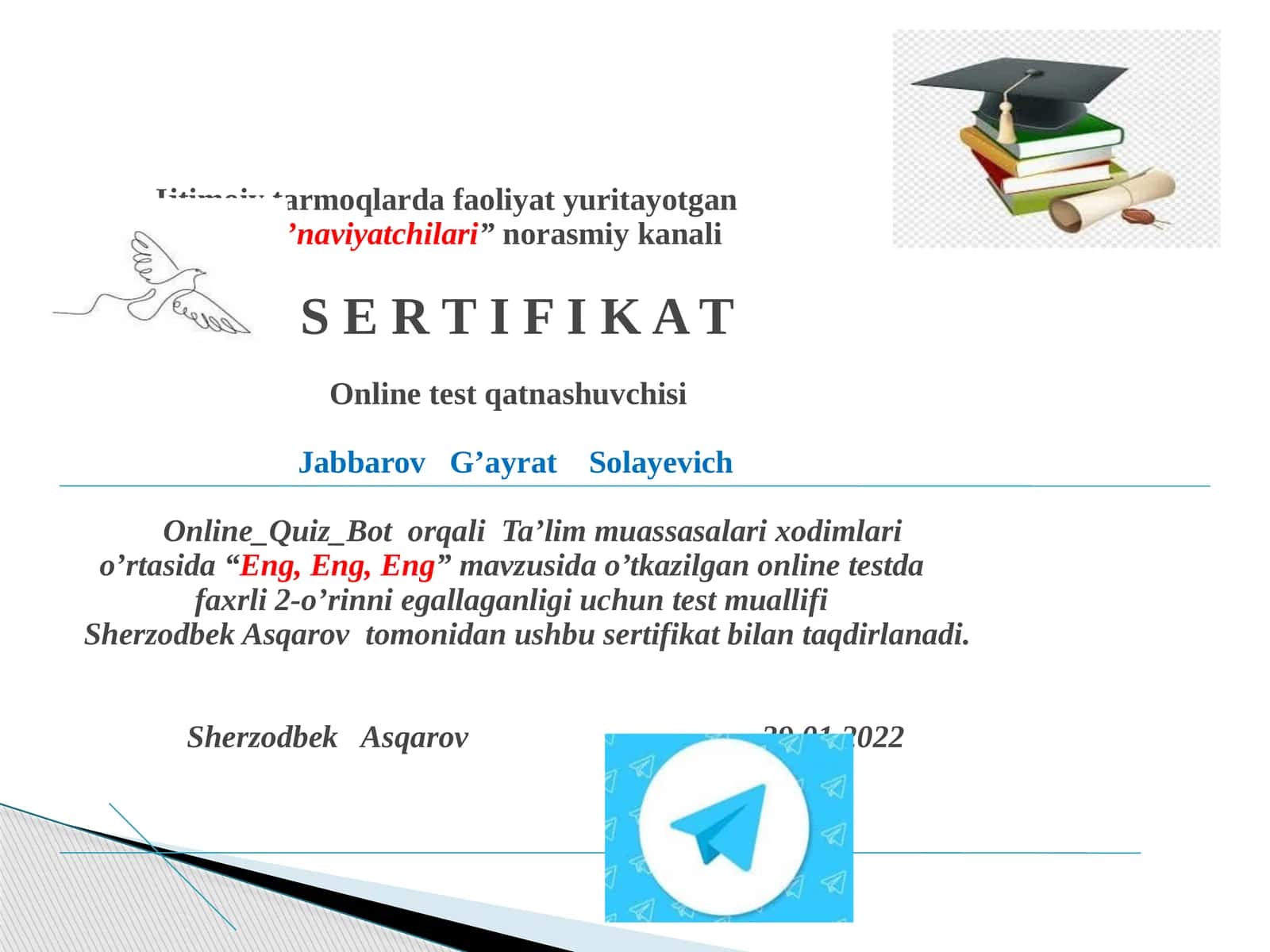 "Eng, Eng, Eng" mavzusida o'tkazilgan onlinetest 1