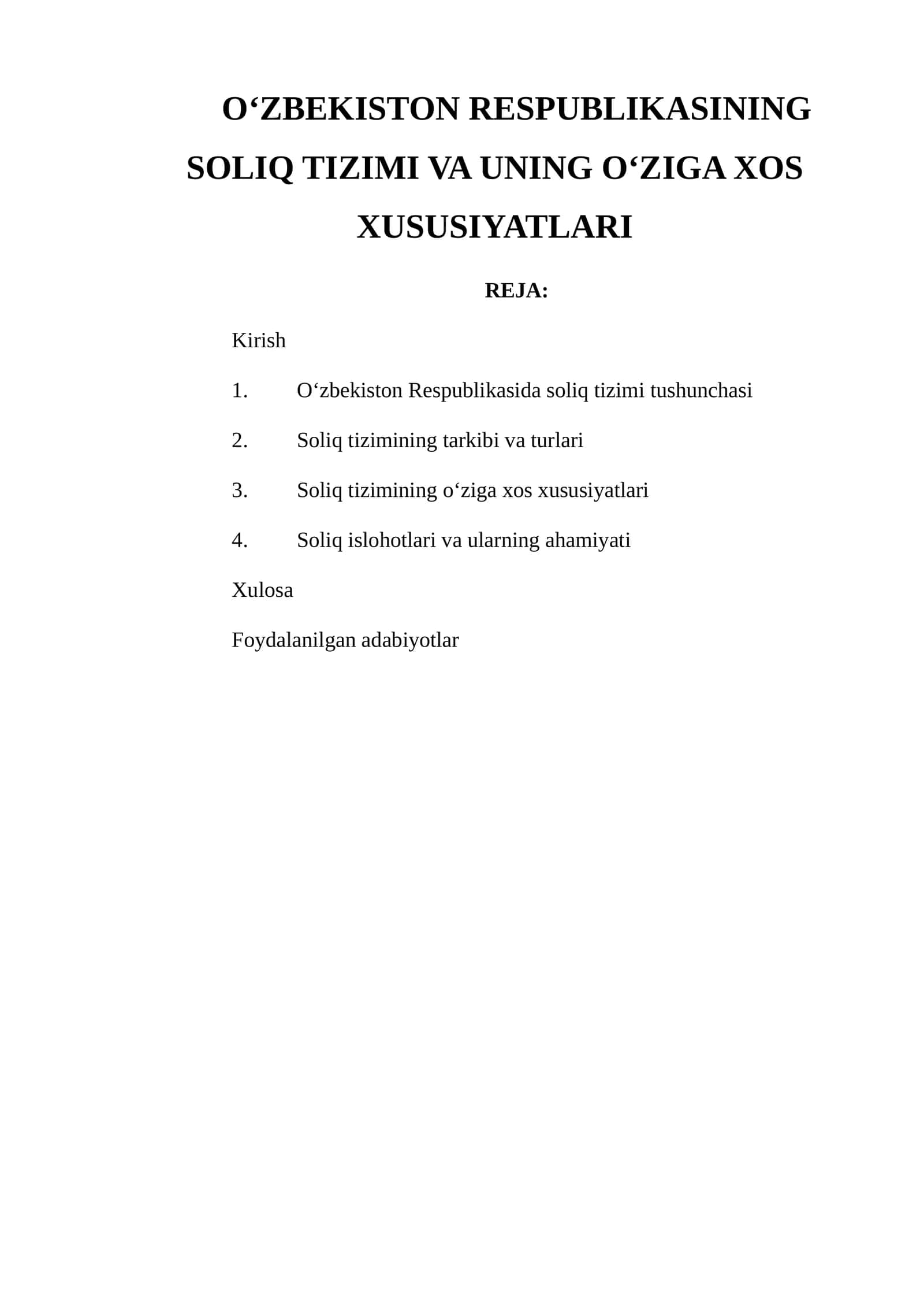 O‘zbekiston RESPUBLIKASINING SOLIQ TIZIMI VA UNING O‘ZIGA XOS XUSUSIYATLARI 1