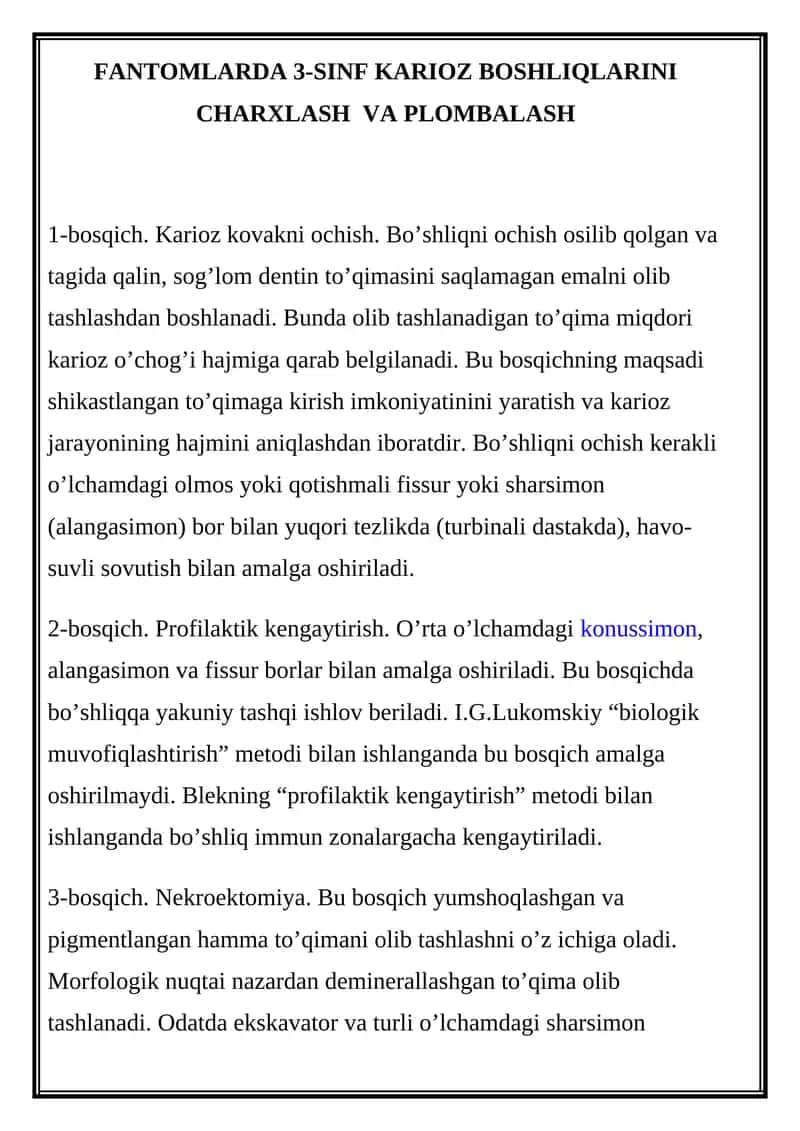 FANTOMLARDA 3-SINF KARIOZ BOSHLIQLARINI CHARXLASH VA PLOMBALASH 1