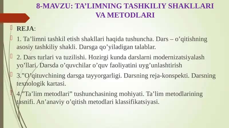 TA’LIMNING TASHKILIY SHAKLLARI VA METODLARI 1