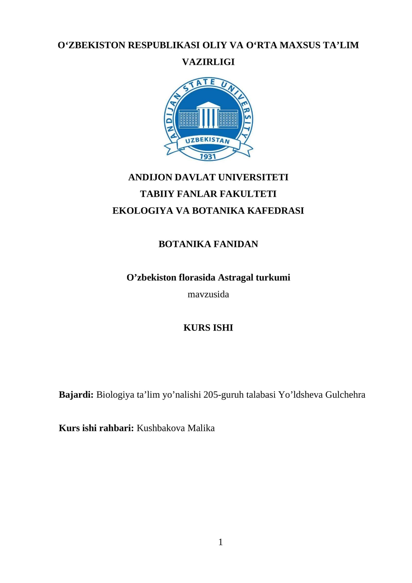 O’zbekiston florasida Astragal turkumi mavzusida KURS ISHI 1