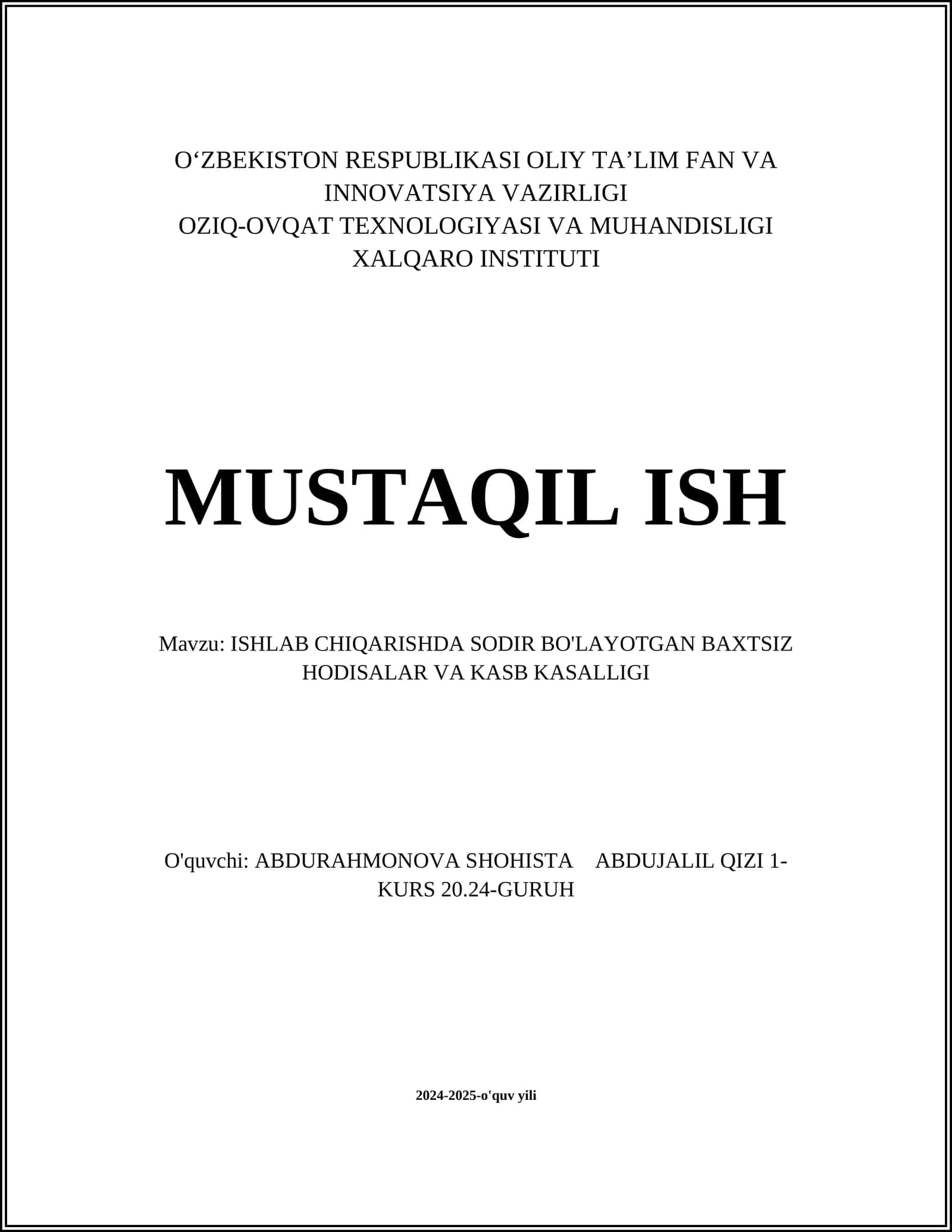 ISHLAB CHIQARISHDA SODIR BO'LAYOTGAN BAXTSIZ HODISALAR VA KASB KASALLIGI 1