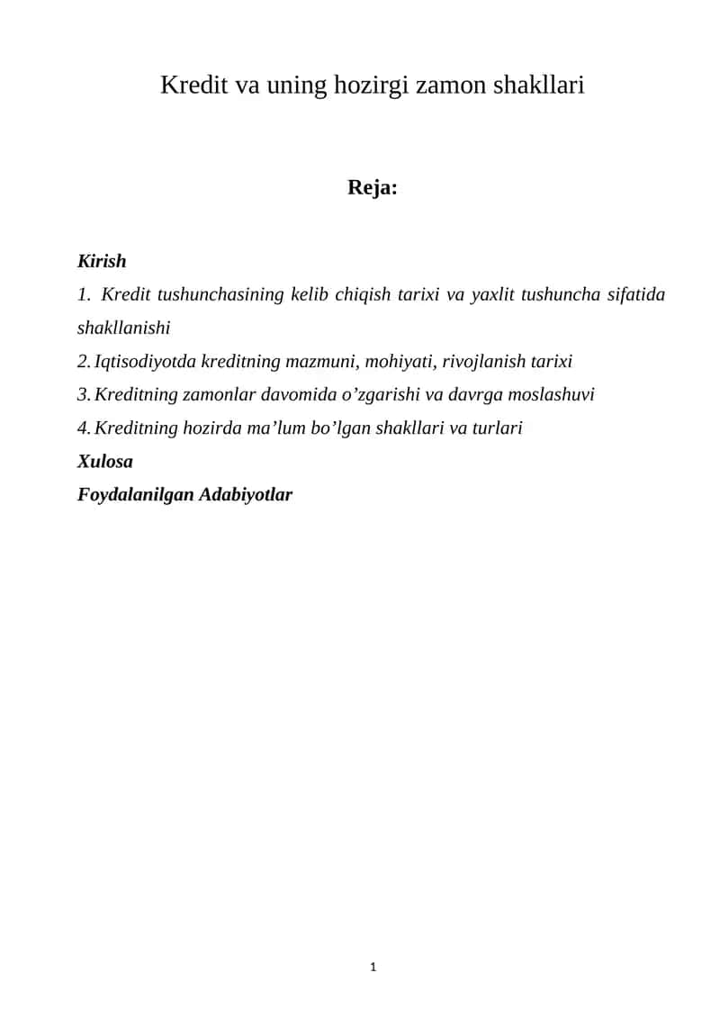 Kredit va uning hozirgi zamon shakllari 1