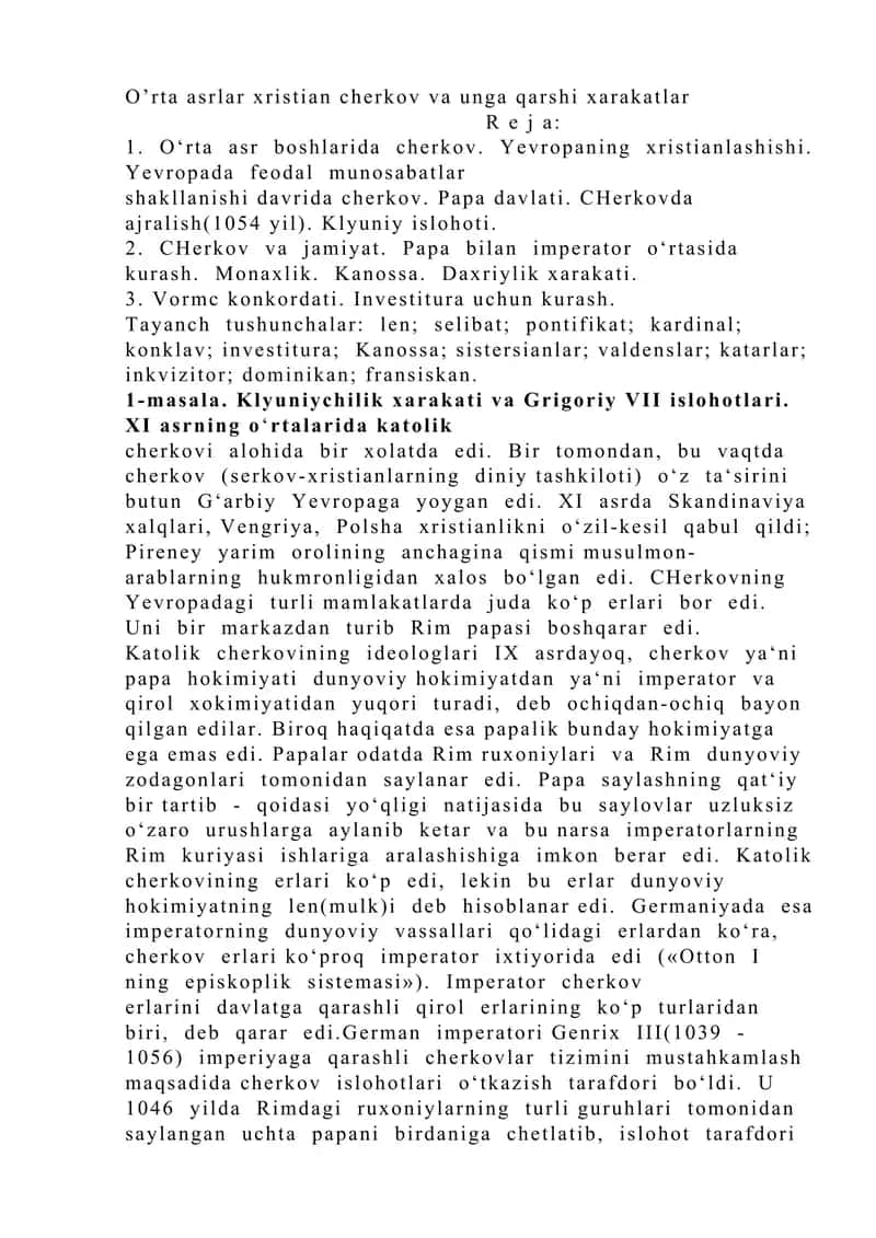 O’rta asrlar xristian cherkov va unga qarshi xarakatlar 1