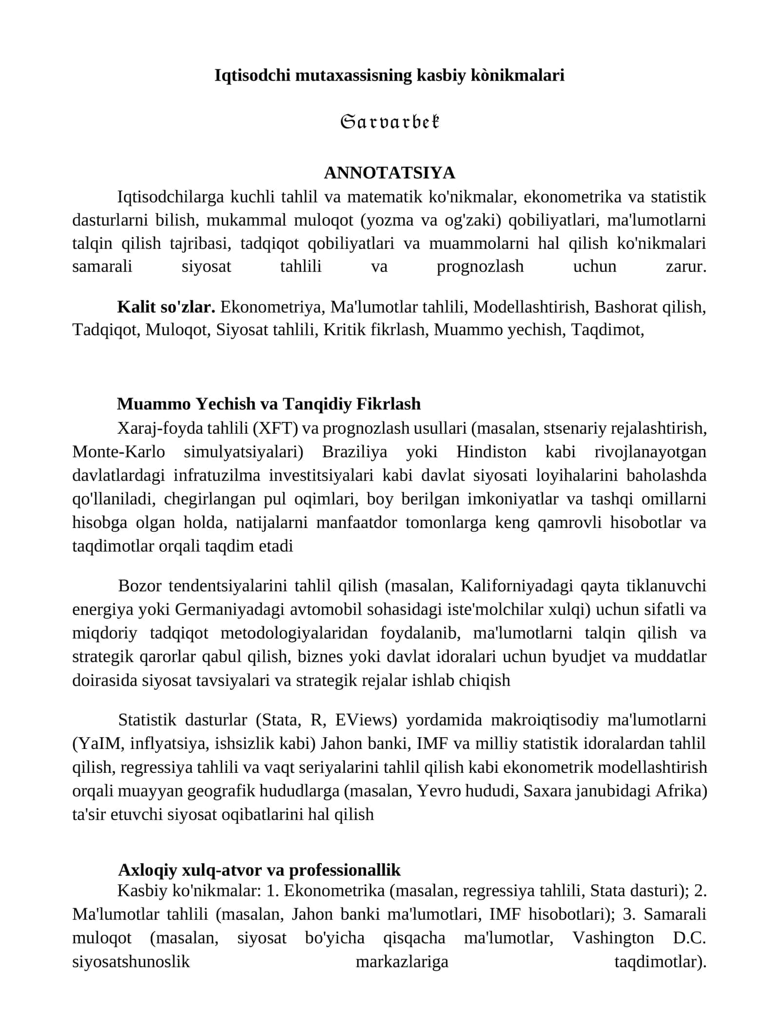Iqtisodchi mutaxassisning kasbiy ko'nikmalari 1