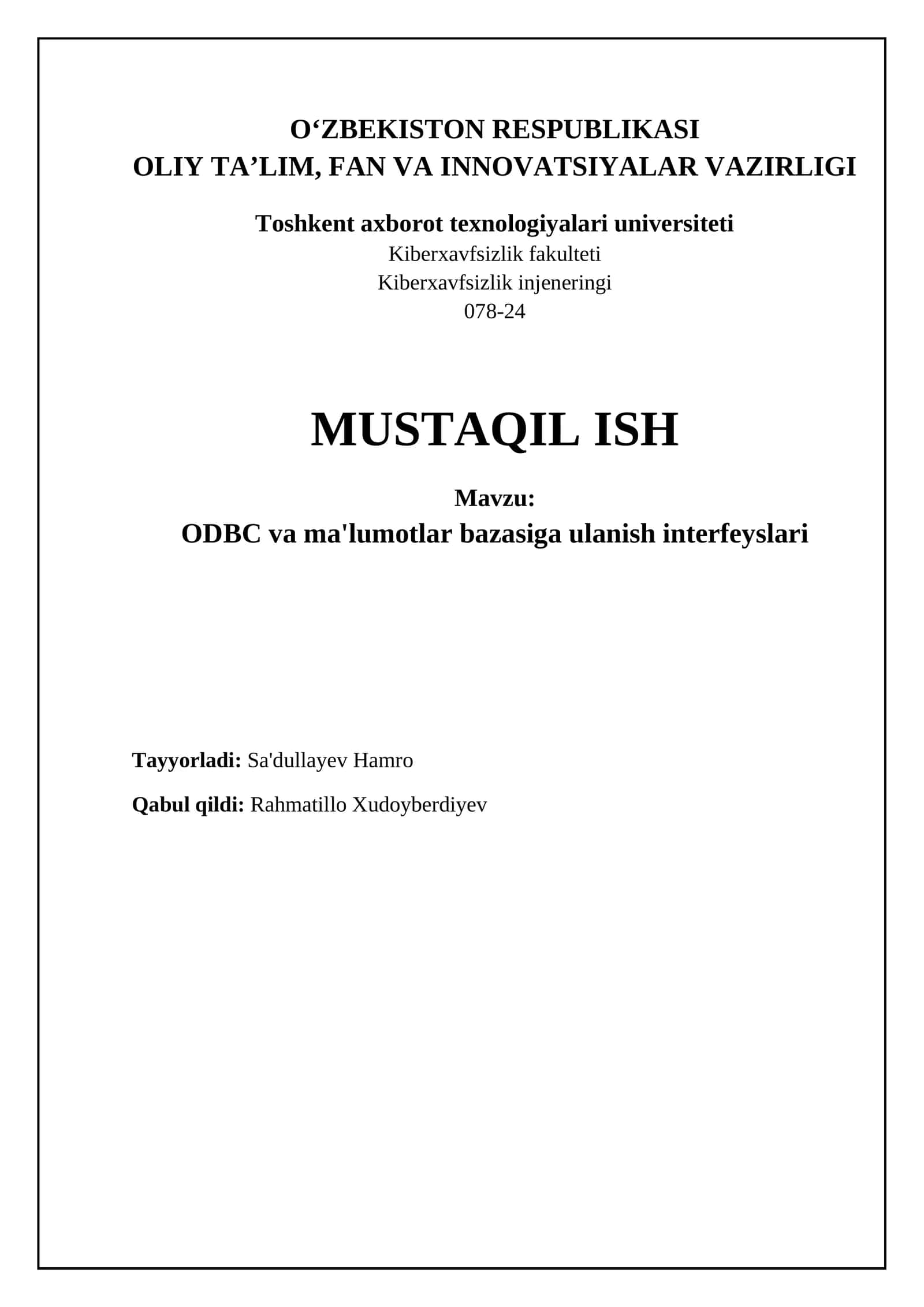 ODBC va ma'lumotlar bazasiga ulanish interfeyslari 1