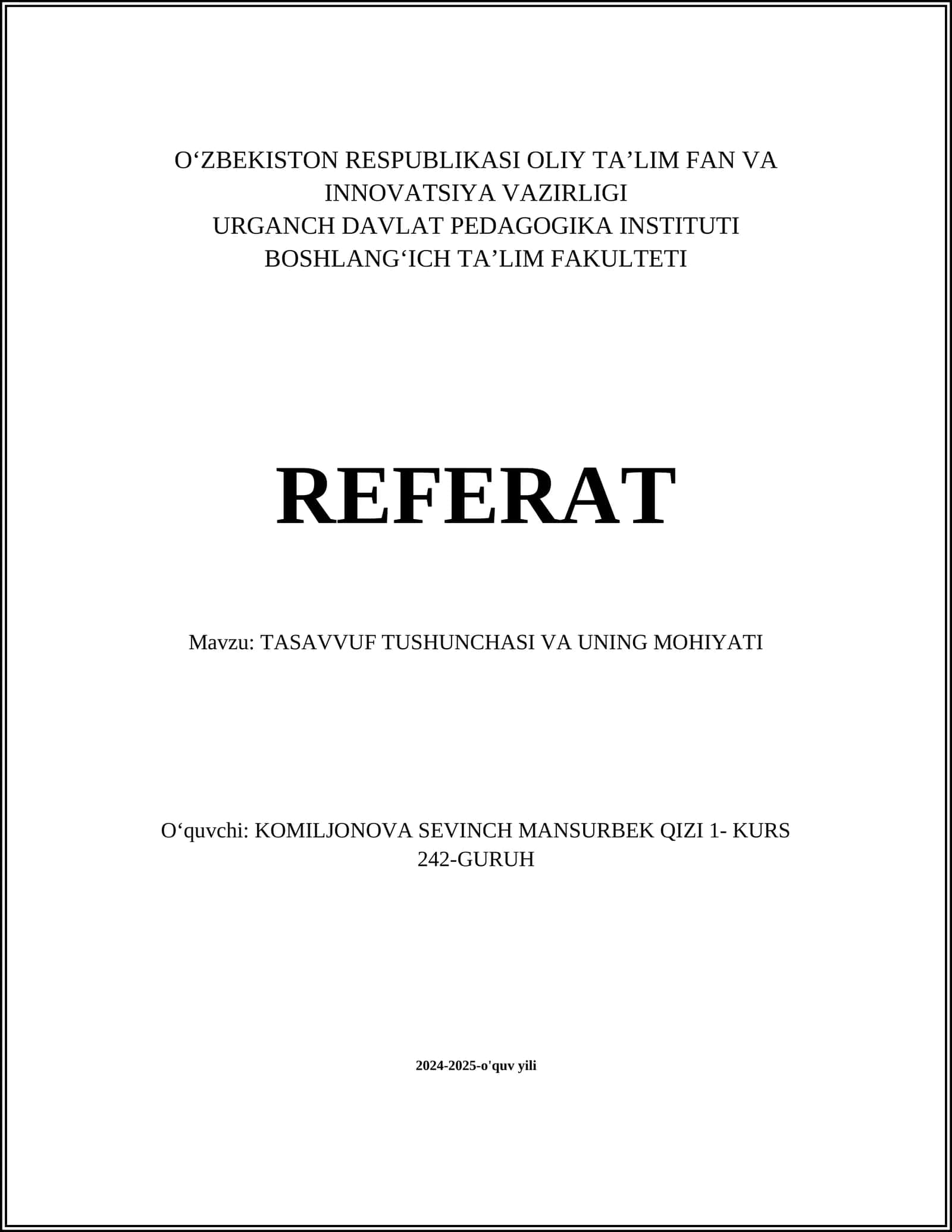 TASAVVUF TUSHUNCHASI VA UNING MOHIYATI 1