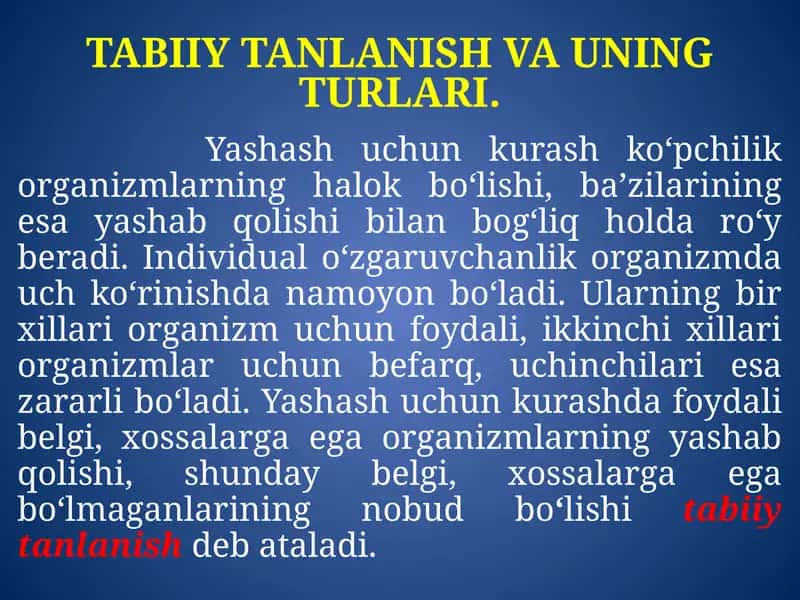 TABIIY TANLANISH VA UNING TURLARI 1