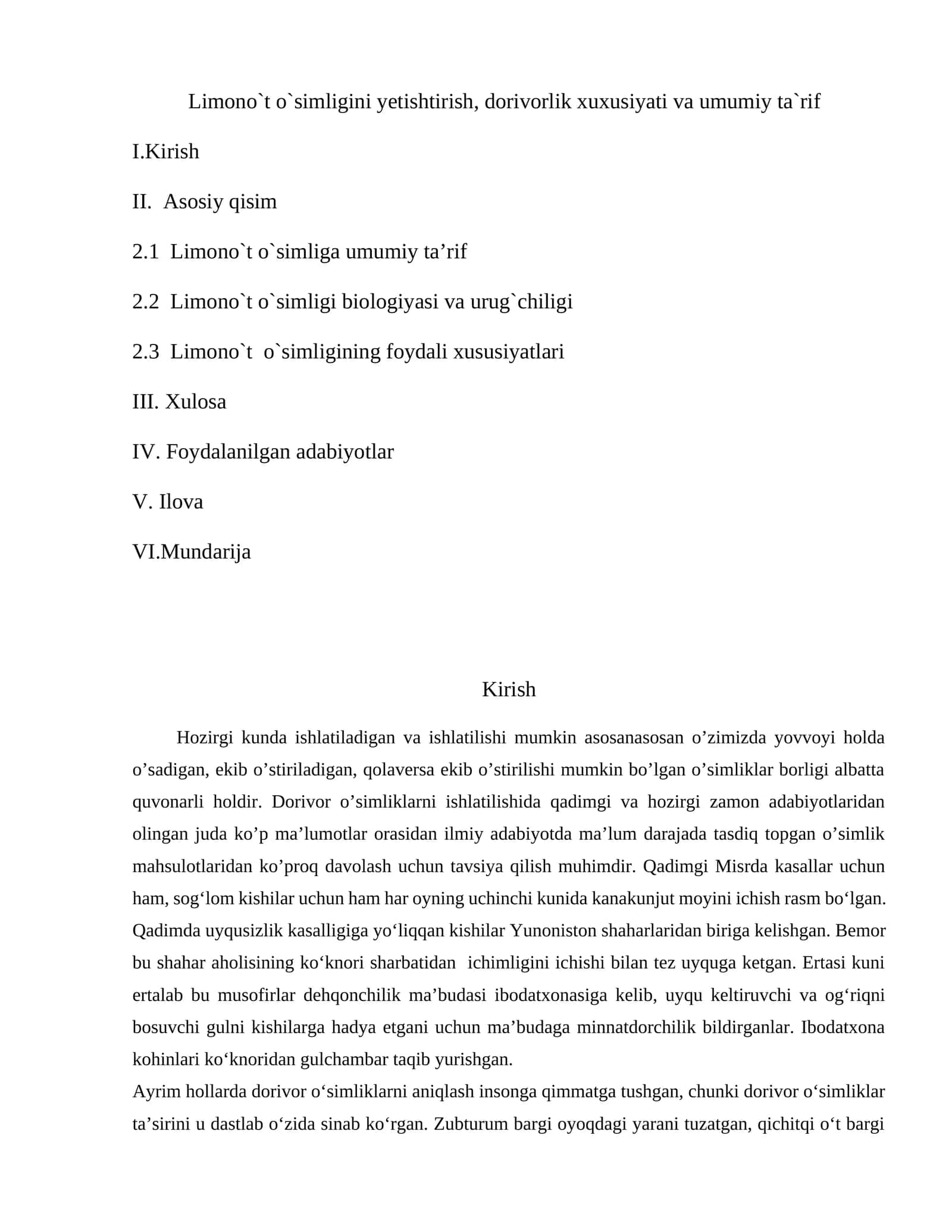 Limono`t o`simligini yetishtirish, dorivorlik xuxusiyati va umumiy ta`rif 1