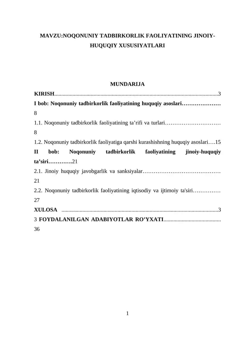 Noqonuniy Tadbirkorlik Faoliyatining Jinoiy-Huquqiy Xususiyatlari 1