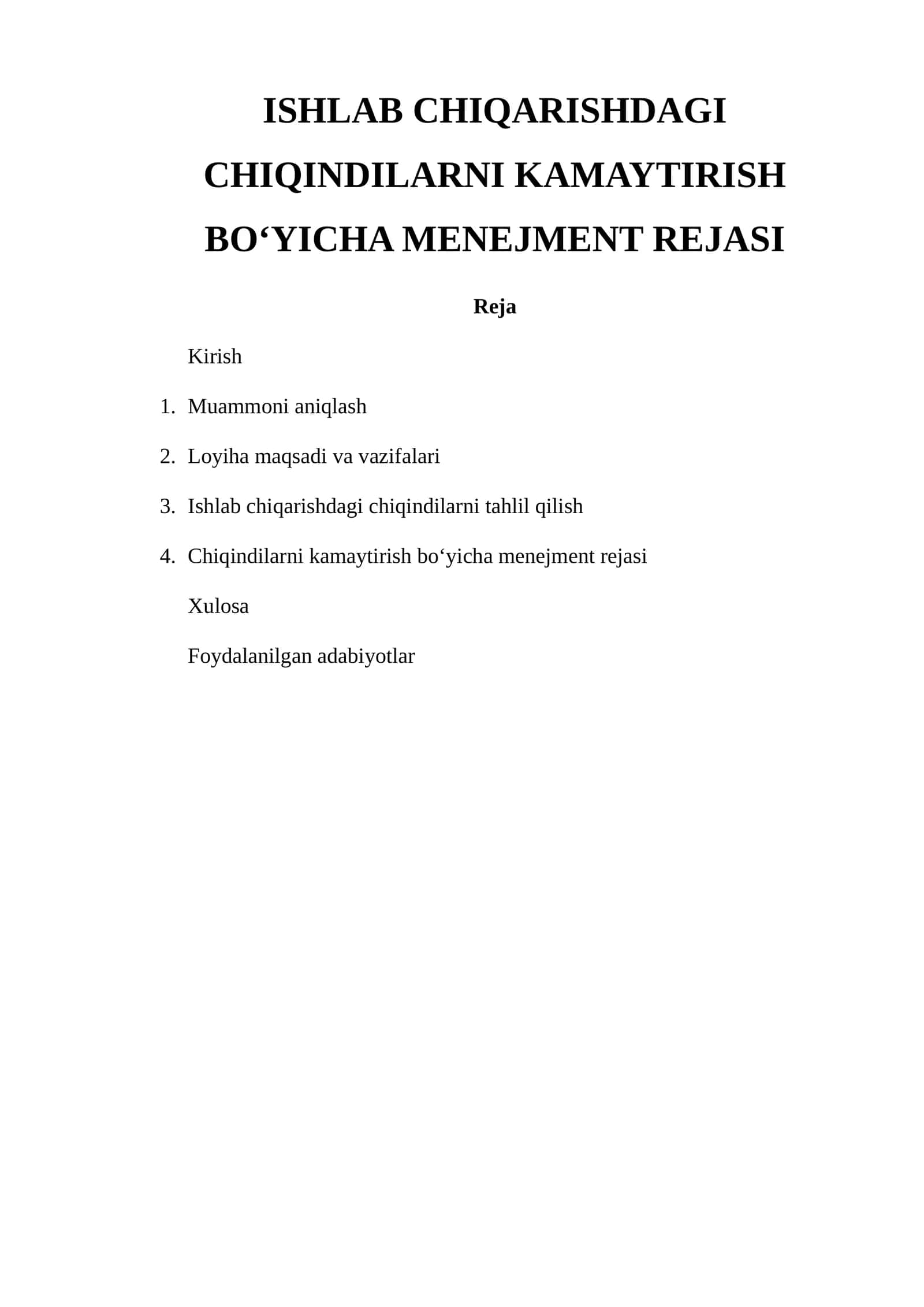 Ishlab Chiqarishdagi Chiqindilarni Kamaytirish Bo‘yicha Menejment Rejasi 1