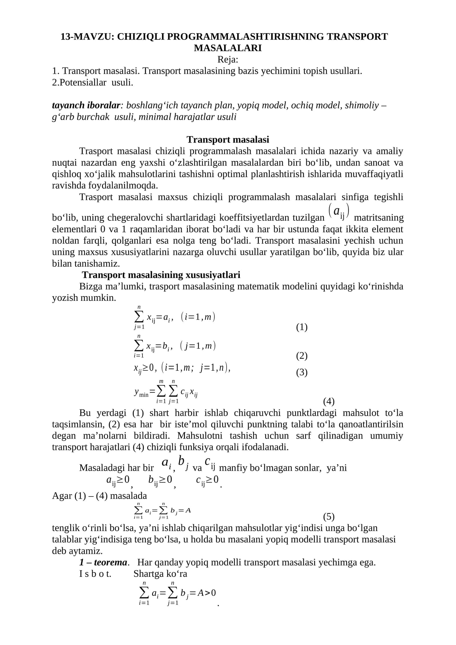 CHIZIQLI PROGRAMMALASHTIRISHNING TRANSPORT MASALALARI 1