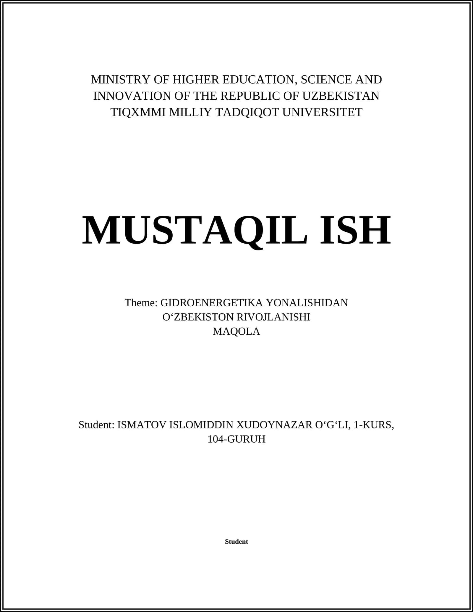 GIDROENERGETIKA YONALISHIDAN MAQOLA 1