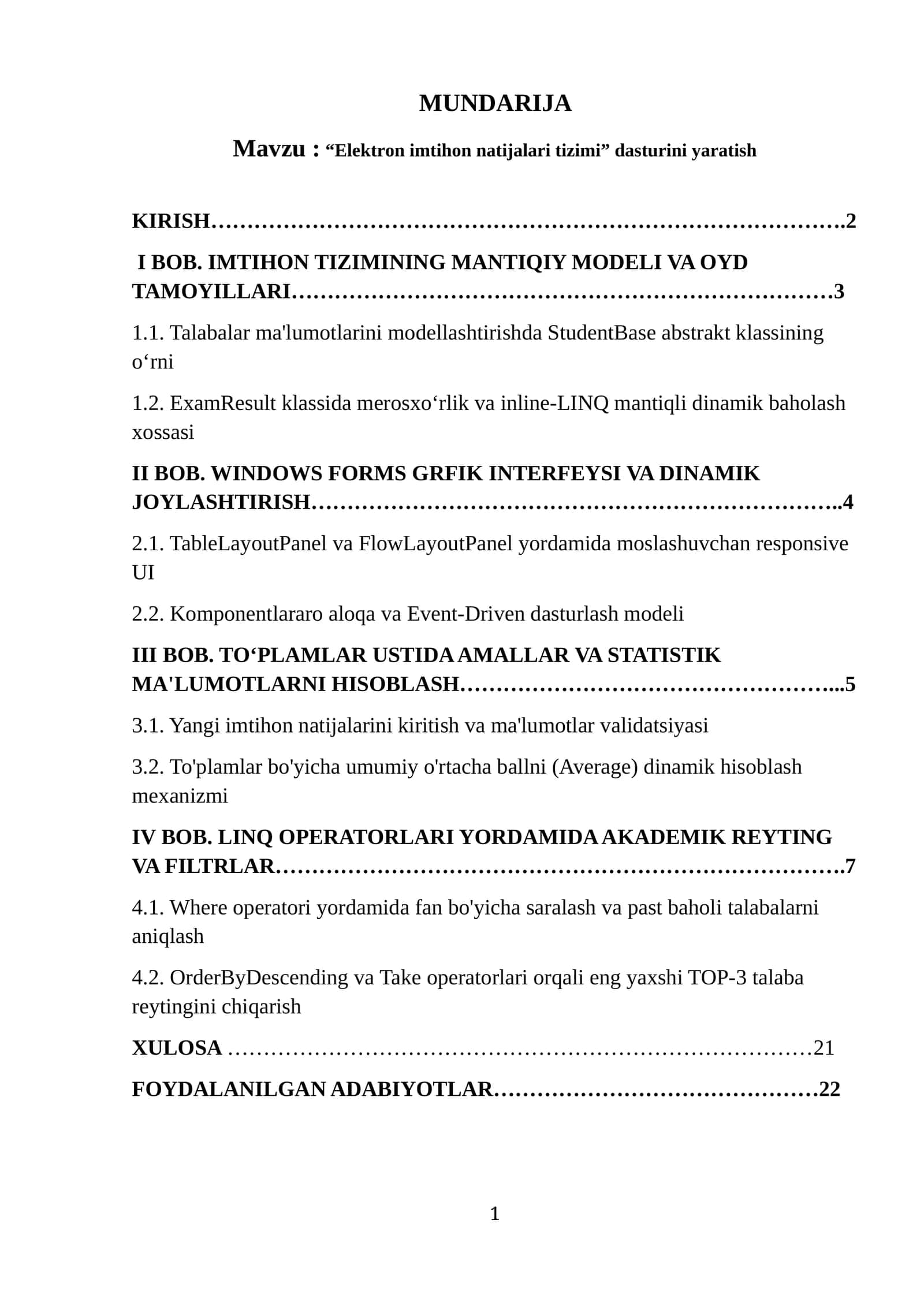 “Elektron imtihon natijalari tizimi” dasturini yaratish 1