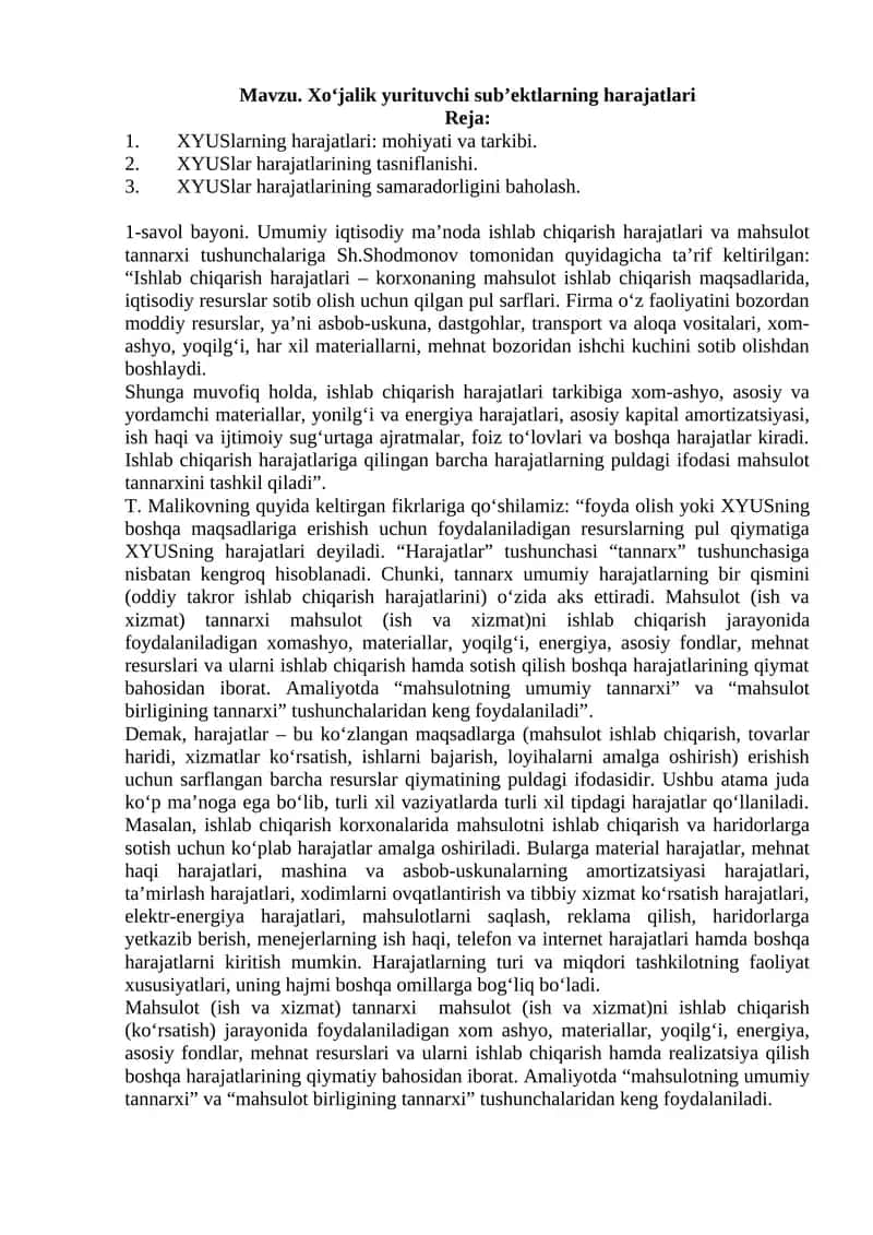 Ishlab chiqarish harajatlari va mahsulot tannarxi 1
