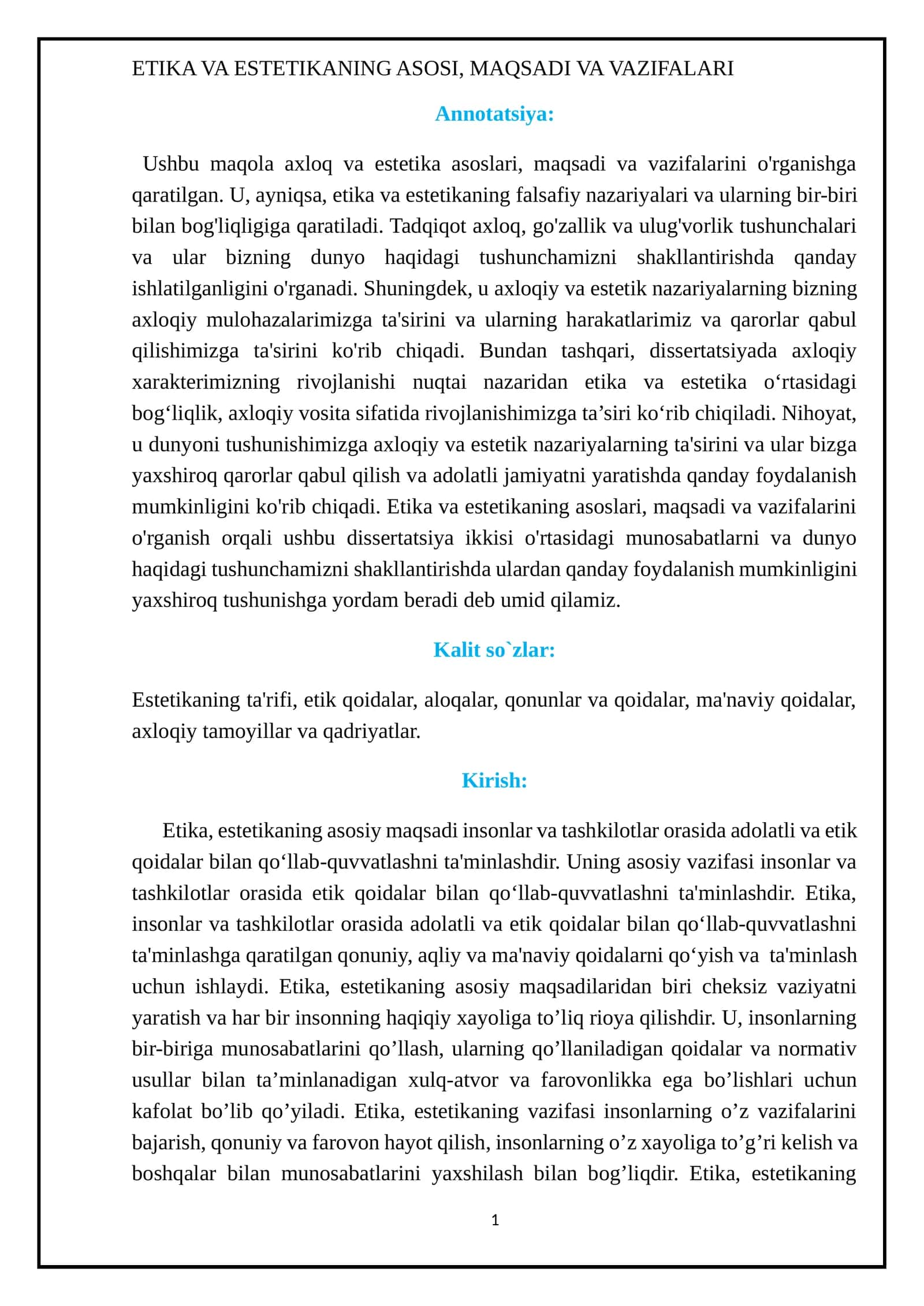 ETIKA VA ESTETIKANING ASOSI, MAQSADI VA VAZIFALARI 1