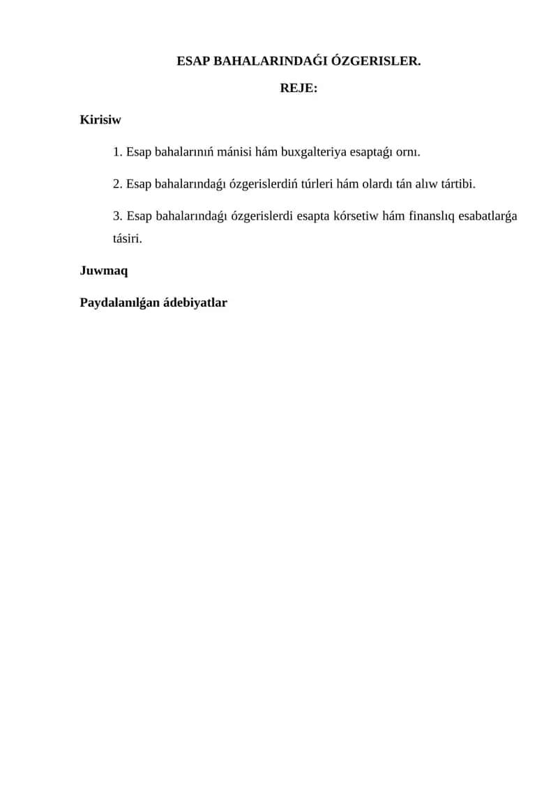 Esap bahalarındaǵı ózgerisler 1