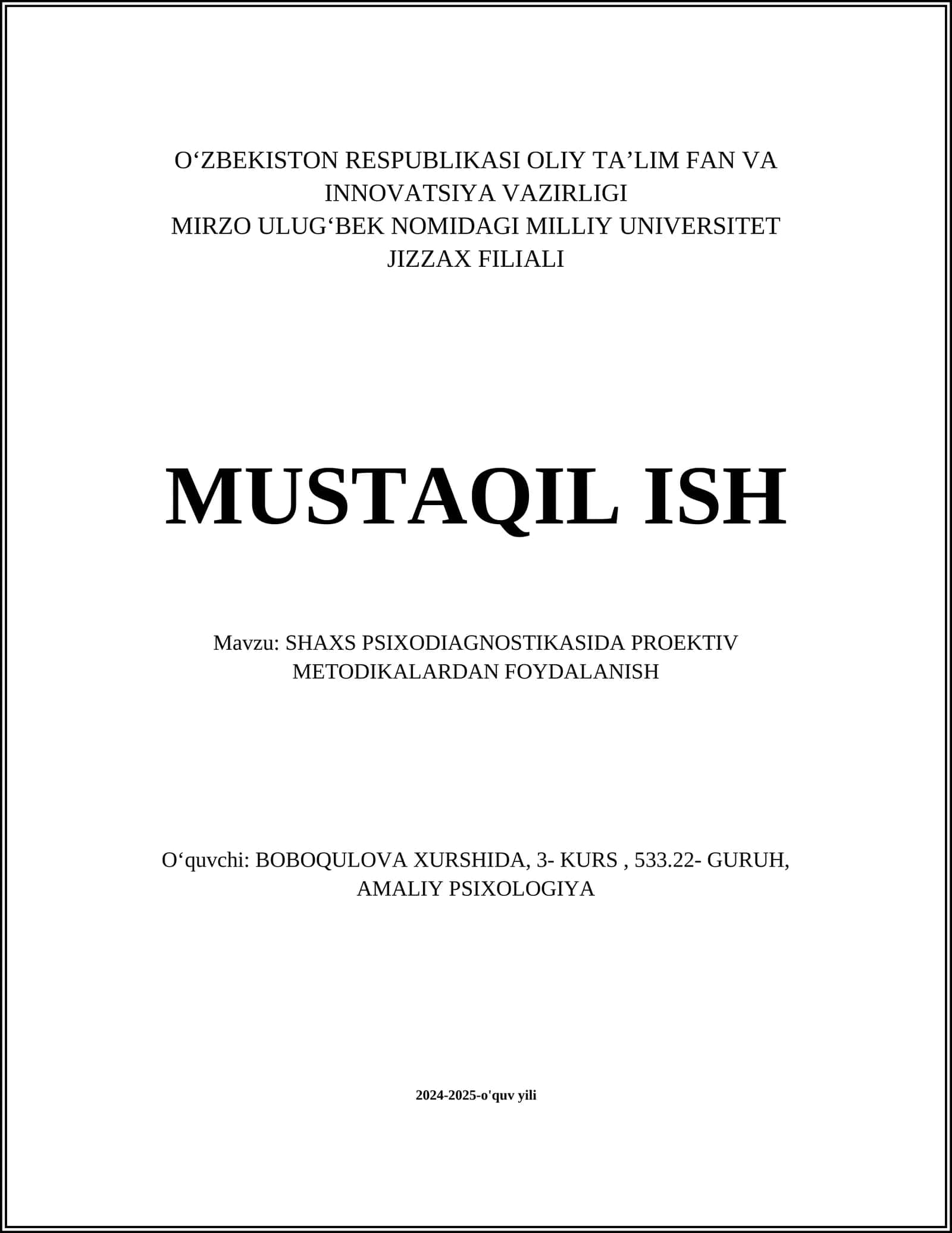 SHAXS PSIXODIAGNOSTIKASIDA PROEKTIV METODIKALARDAN FOYDALANISH 1