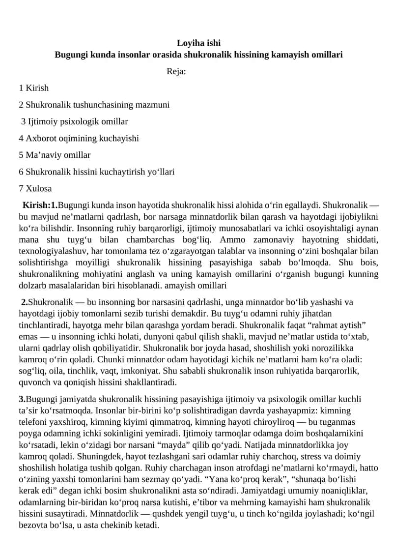 Shukronalik hissining kamayish omillari 1