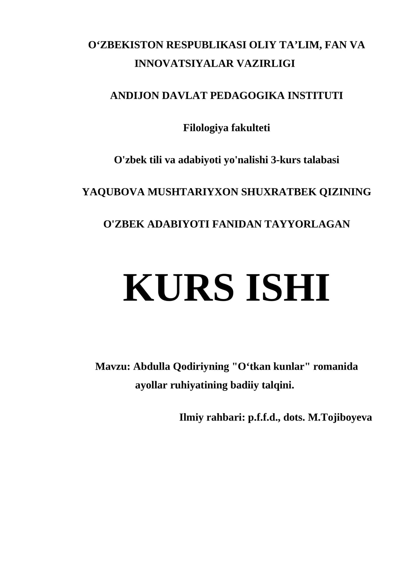 ABDULLA QODIRIYNING "O‘TKAN KUNLAR" ROMANIDA AYOLLAR RUHIYATINING BADIIY TALQINI 1