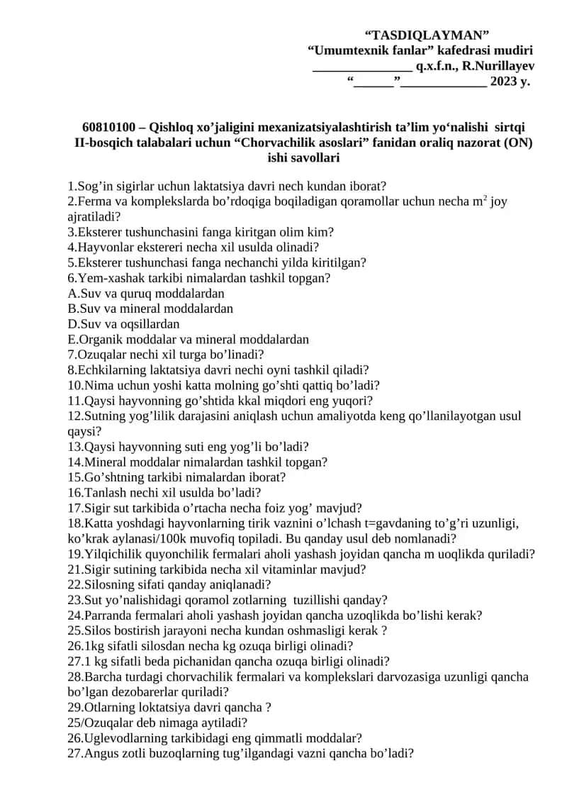 “Chorvachilik asoslari” fanidan oraliq nazorat (ON) ishi savollari 1