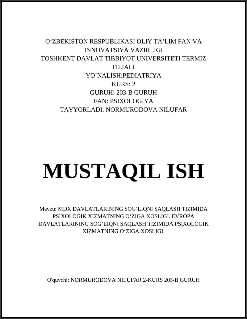 MDX Davlatlarining Sog‘liqni Saqlash Tizimida Psixologik Xizmatning O‘ziga Xosligi 1