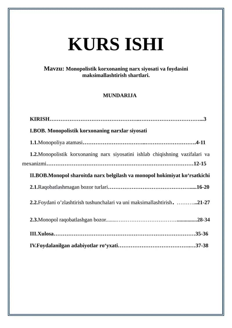 Monopolistik korxonaning narx siyosati va foydasini maksimallashtirish shartlari 1