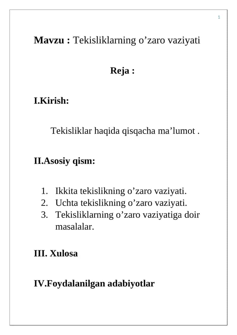 Tekisliklarning o’zaro vaziyati 1