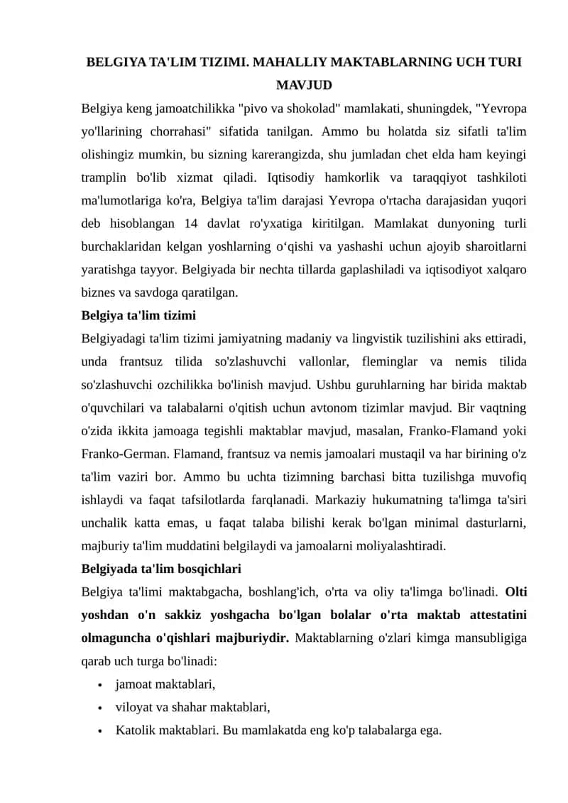 BELGIYA TA'LIM TIZIMI 1