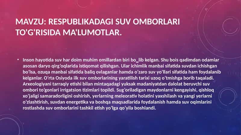 Respublikadagi suv omborlari to'g'risida ma'lumotlar. 1