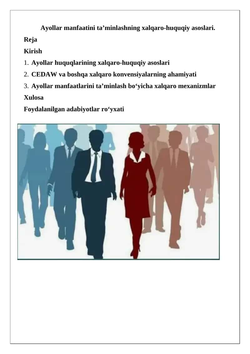 Ayollar manfaatini ta'minlashning xalqaro-huquqiy asoslari 1