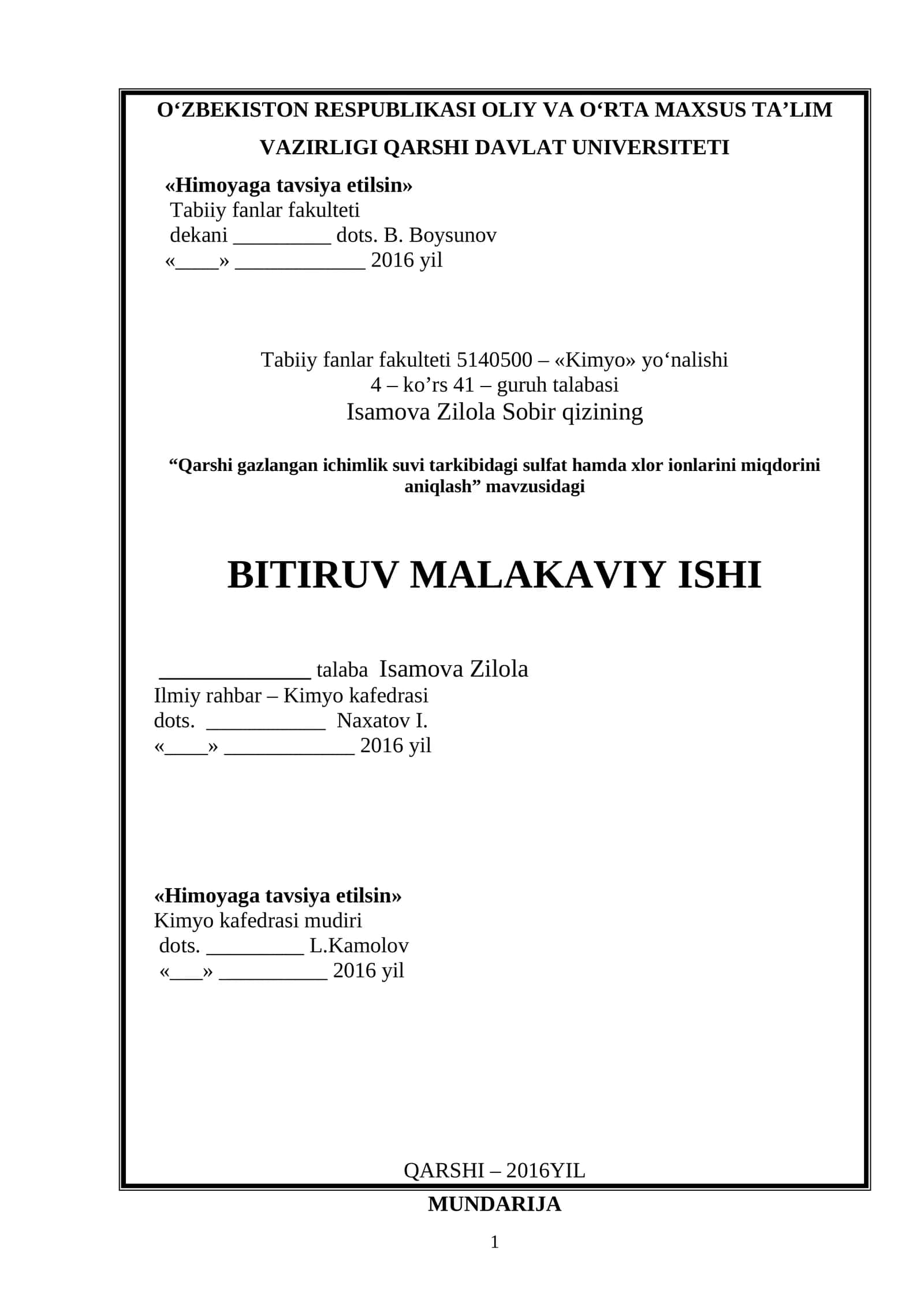 Qarshi gazlangan ichimlik suvi tarkibidagi sulfat hamda xlor ionlarini miqdorini aniqlash 1