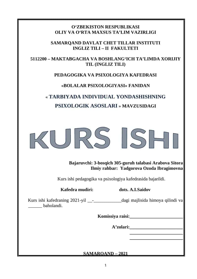 "Tarbiyada Individual Yondashishning Psixologik Asoslari" Kurs Ishi 1