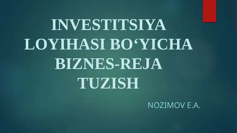 INVESTITSIYA LOYIHASI BO‘YICHA BIZNES-REJA TUZISH 1