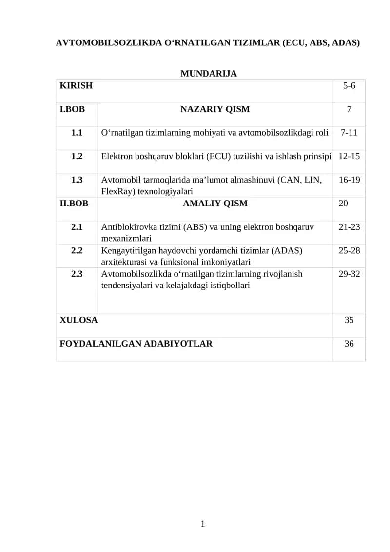 AVTOMOBILSOZLIKDA O‘RNATILGAN TIZIMLAR (ECU, ABS, ADAS) 1