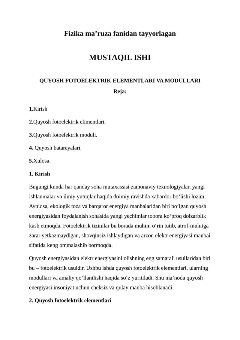 QUYOSH FOTOELEKTRIK ELEMENTLARI VA MODULLARI 1