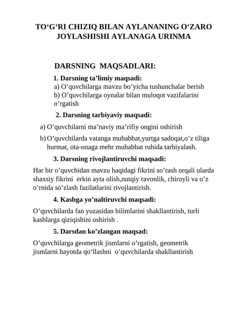 TOʻGʻRI CHIZIQ BILAN AYLANANING OʻZARO JOYLASHISHI AYLANAGA URINMA 1