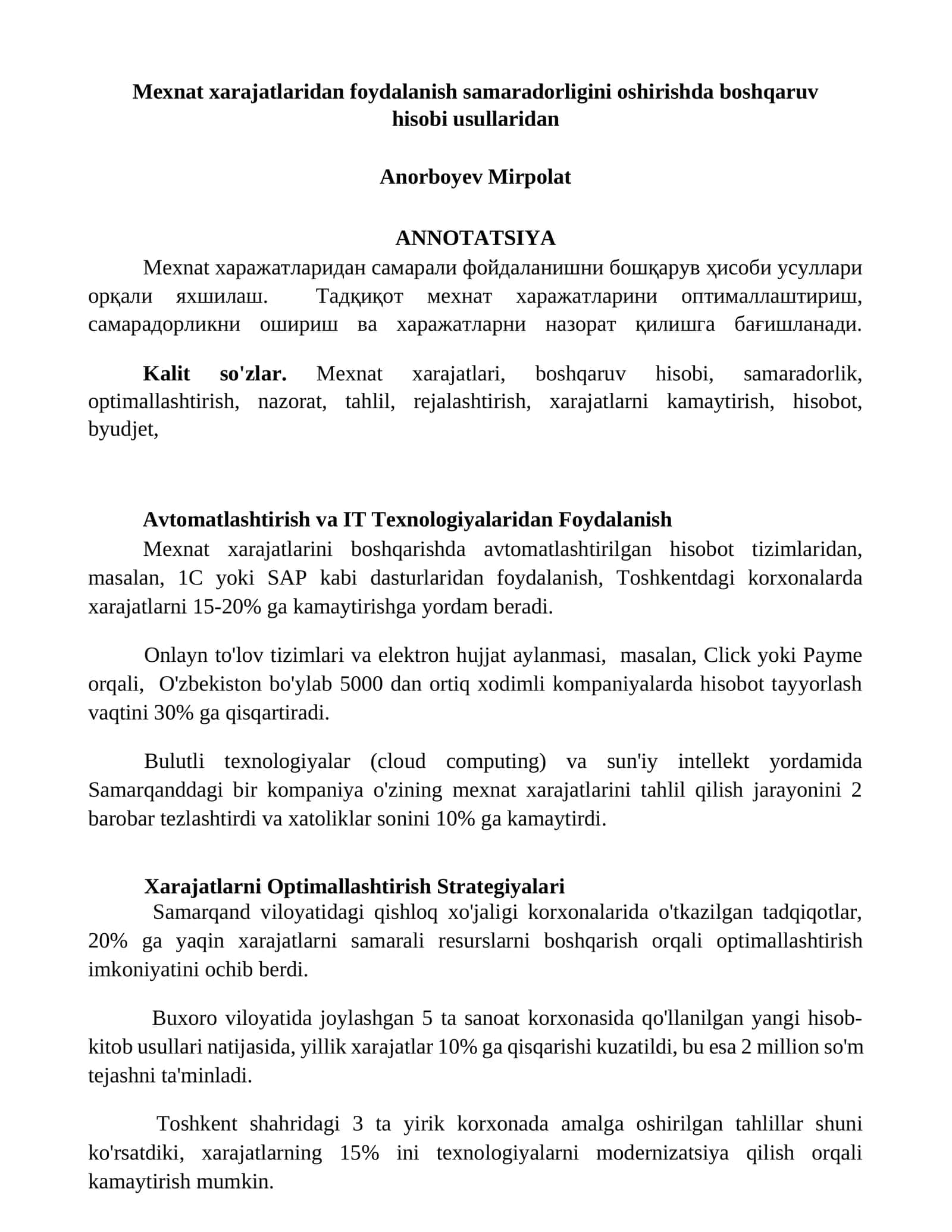 Mexnat xarajatlaridan foydalanish samaradorligini oshirishda boshqaruv hisobi usullaridan 1