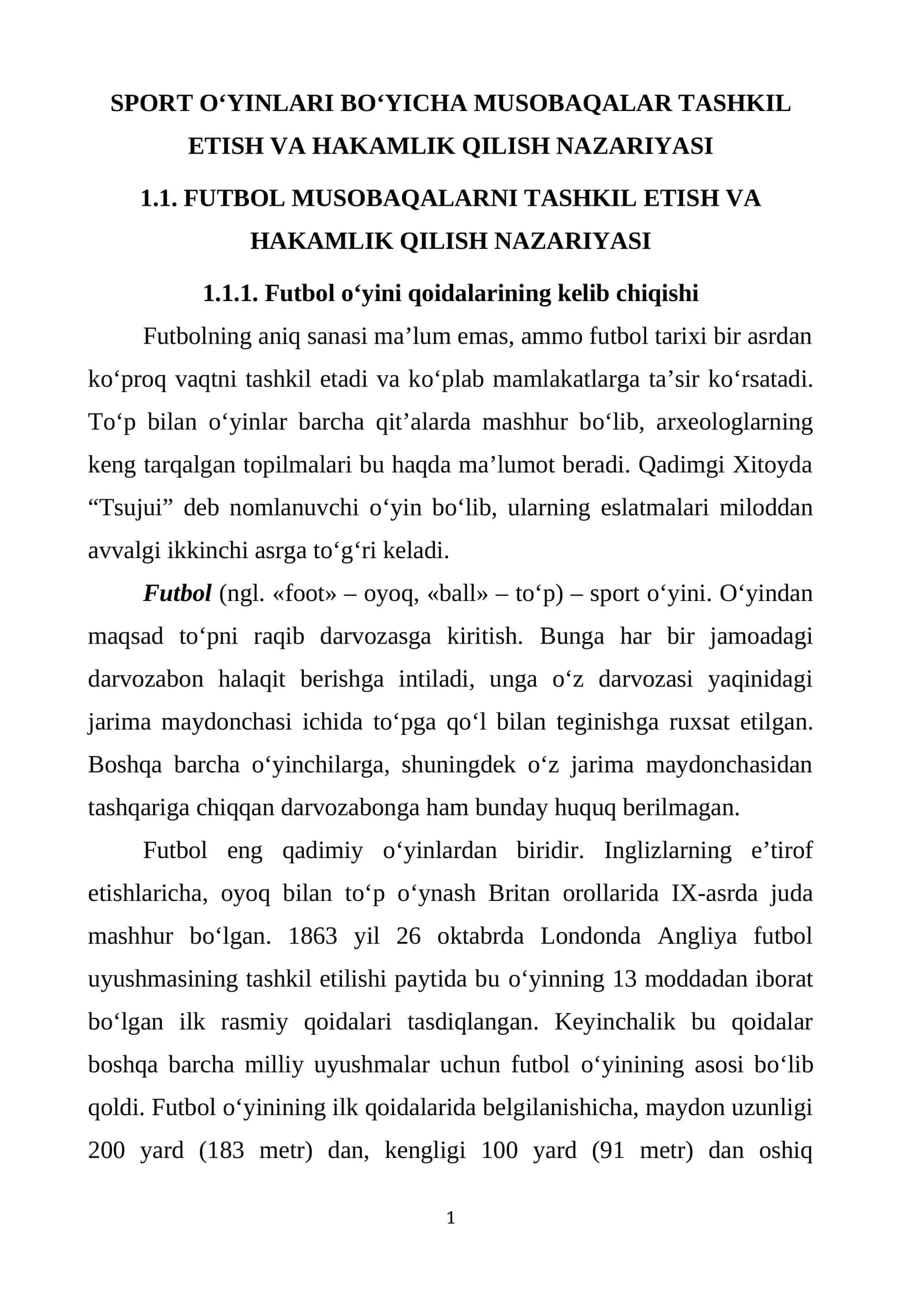 FUTBОL MUSOBAQALARNI TASHKIL ETISH VA HAKAMLIK QILISH NAZARIYASI 1